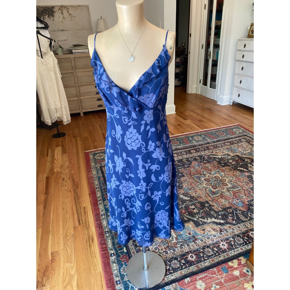 ABS by Allen Schwartz Blue Floral Chiffon Midi Dress V-Neck Size 8‎
